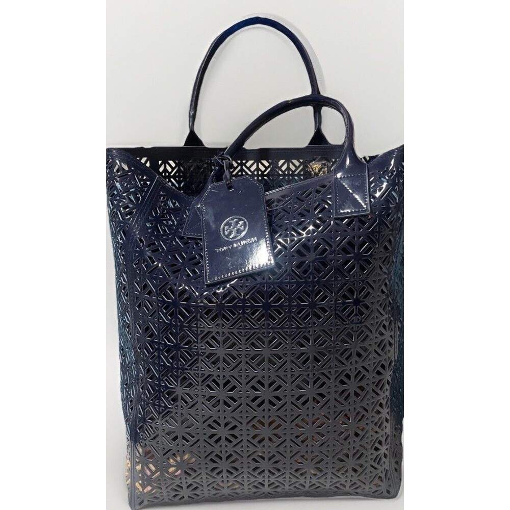Tory Burch Navy Laser Cut PVC Patent Tote Shopper Beach Bag Geometric Large